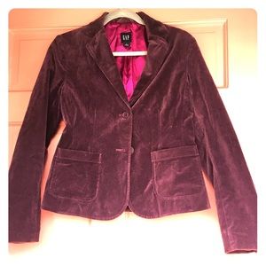 Purple velvet blazer, fuchsia sateen lining.